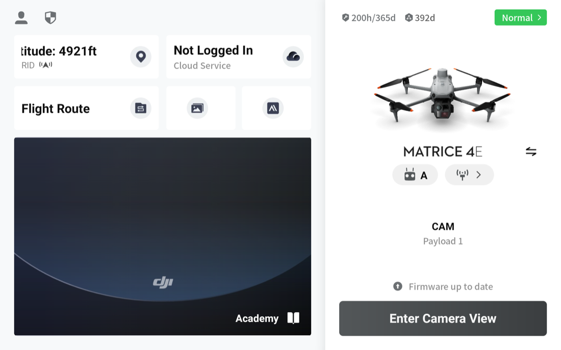 DJI Pilot 2 home screen with a Matrice 4E connected, showing the Cloud Service tile