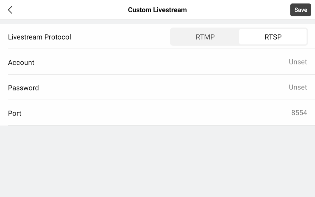 DJI Pilot 2 Customize Livestream screen, RTSP tab, with Account, Password, and Port fields