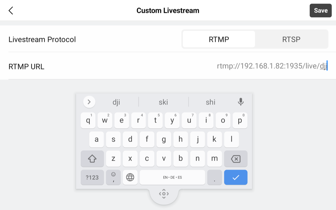 DJI Pilot 2 RTMP URL field with an example rtmp address entered